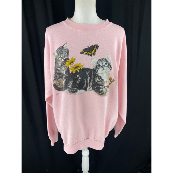 Vtg‎ 80s Cat Lady Kitten Sweatshirt L Girlhoodcore Pastel Pink Grandmacore - Picture 1 of 13